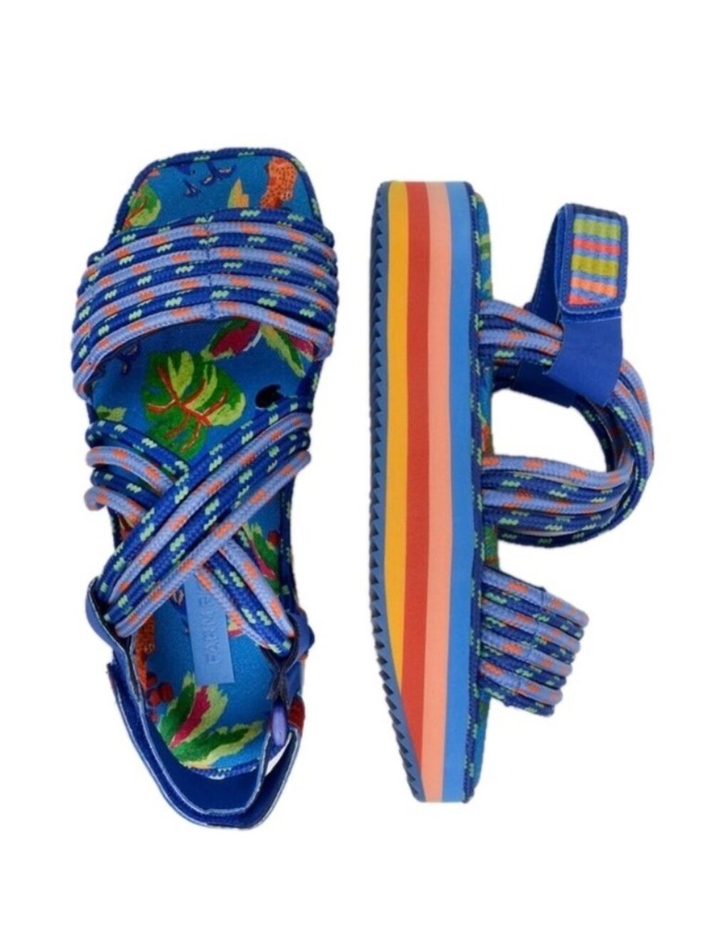 Farm Rio Macaw Platform Sandals Rainbow Rope Velcro Straps Size 8 NEW